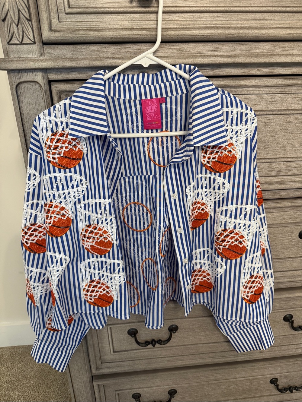 Striped Basketball Print Button-Up Shirt